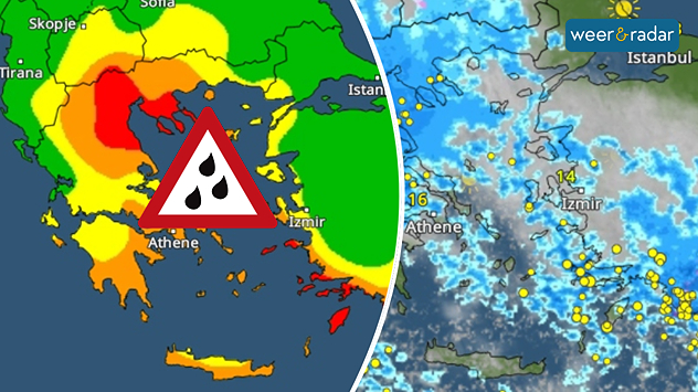 De afbeelding links toont code geel, oranje en rood in een groot deel van het oostelijke Middellandse Zeegebied. Rechts toont de WeerRadar het noodweer.