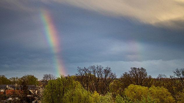 Ein intensiver Regenbogen taucht in Dresden auf. Rechts im Bild ist ein Teil des schwachen Nebenbogens zu sehen.