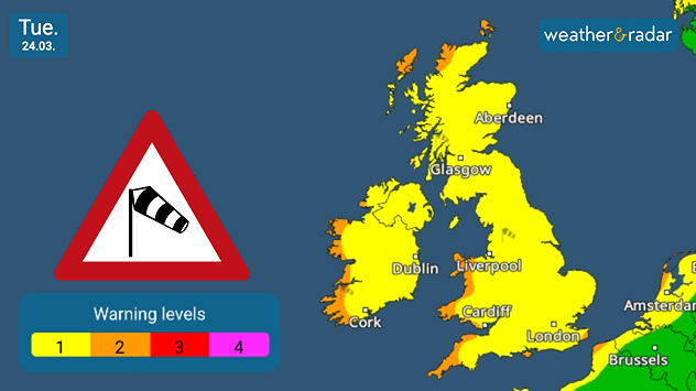 UK warning map dated Tue 24.03 showing widespread yellow wind warnings with a windsock icon and warning scale legend.