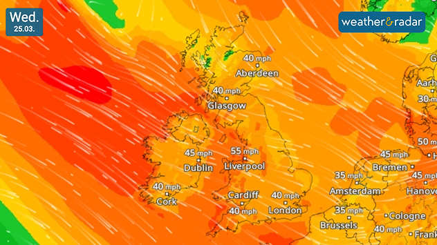 Wind forecast map dated Wed 25.03 showing widespread strong winds across the UK and Ireland, with gusts around 40–55 mph, strongest in western areas.