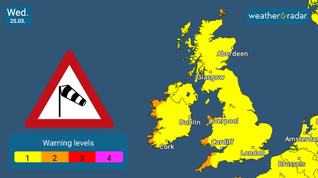 UK warning map dated Wed 25.03 showing continued yellow wind warnings across the country with a windsock symbol and warning scale.