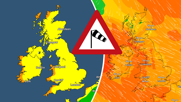 Split image showing a warning map of the UK and Ireland on the left and a wind forecast map on the right with strong gusts around 40–55 mph, overlaid with a windsock warning symbol.