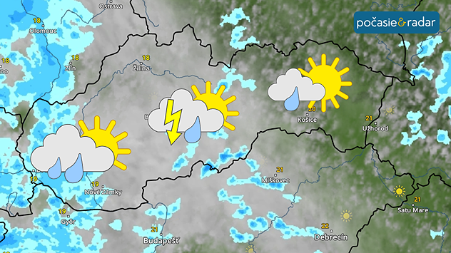 Mapa Slovenska s premenlivou oblačnosťou, miestami prehánkami a lokálnymi búrkami