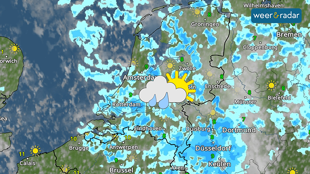 De WeerRadar toont talloze buien op maandag. Dit symbool is ingetekend.