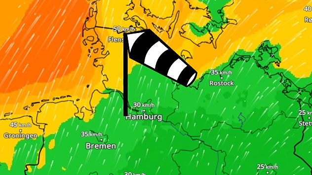 Windkarte für Norddeutschland mit farblich markierten Geschwindigkeiten. Küstenregionen zeigen höhere Windwerte als das Binnenland.