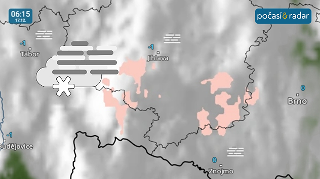Meteoradar, screenshot, 17. 12. 6:15: Přítomnost mlh a nízké inverzní oblačnosti v těchto dnech na některých místech doprovází také výskyt (mrznoucího) mrholení či slabého deště či sněžení. Často se tak děje například na Vysočině a jižní Moravě.