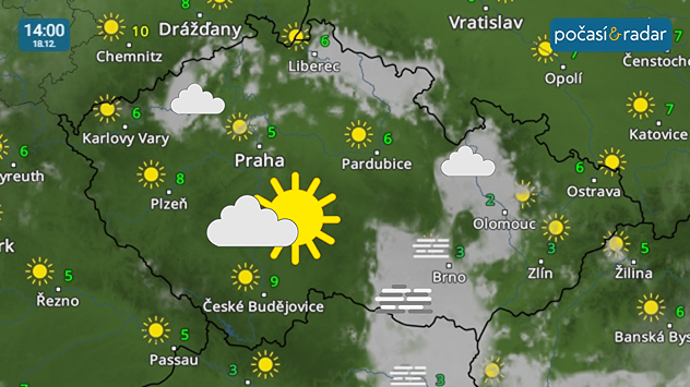 Meteoradar, screenshot, 18. 12. 14:00: V některých dnech dochází k častějšímu rozpouštění mlh a nízké oblačnosti. Alespoň přechodně by se mělo na velké části našeho území vyjasnit například ve čtvrtek.