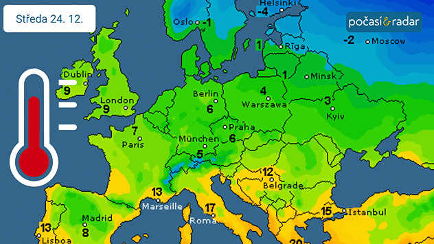 Předpověď maximálních denních teplot v Evropě na středu 24. 12. Výhled v dohledné době nenaznačuje příchod mrazů do střední Evropy. Například na Štědrý den budou nejvyšší denní teploty v Česku pravděpodobně stoupat k hodnotám kolem 6 °C.