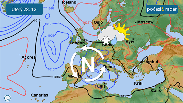 Předpověď synoptické situace nad Evropou na úterý 23. 12. Ve výhledu se rýsuje možná změna synoptické situace nad Evropou v příštím týdnu. Nad Českem by se od západu mohla začít více prosazovat oblast nízkého tlaku vzduchu, která by u nás narušila teplotní inverzi a po delší době přinesla také srážky.