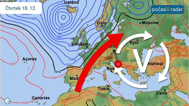 Předpověď synoptické situace nad Evropou, čtvrtek 18. 12. Za inverzní charakter počasí v Česku je zodpovědná rozsáhlá oblast vysokého tlaku vzduchu nad střední a východní Evropou, kolem níž nad naše území proudí – zejména ve vyšších vrstvách atmosféry – teplý vzduch od jihu.