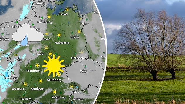 Links: WetterRadar zeigt viel Sonne in der Mitte und im Süden, einzelne Schauer im Westen. Rechts: Grünes Hügelland mit kahlem Baum unter wechselnder Bewölkung – mildes Winterwetter.