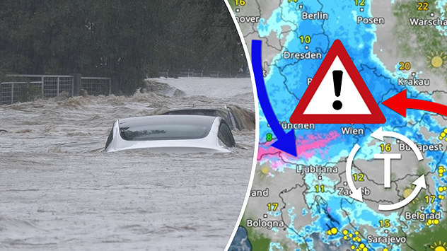 Imagen dividida. A la izquierda, un coche sumergido en el agua. A la derecha, un mapa meteorológico con símbolos meteorológicos
