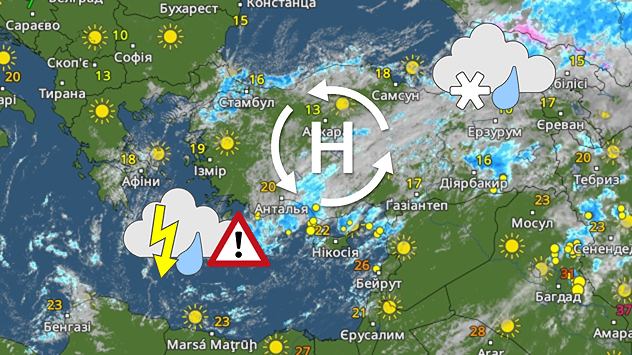 Метеорадар із циклоном над східною частиною Середземного моря