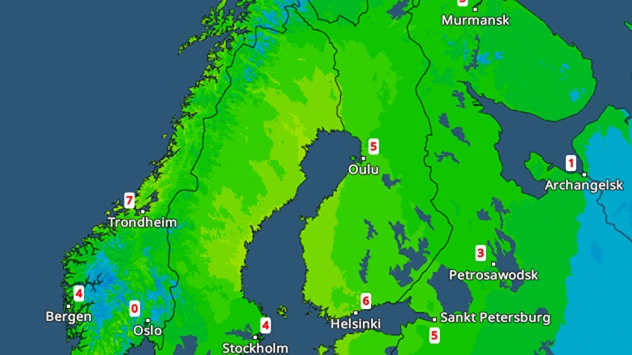 Wetterkarte von Skandinavien mit niedrigen Temperaturen. Viele Regionen zeigen Werte um den Gefrierpunkt.