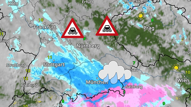 Wetterkarte von Süddeutschland mit starkem Niederschlag über Bayern. Blau markiert Regen, rosa Schneefall im Alpenraum.