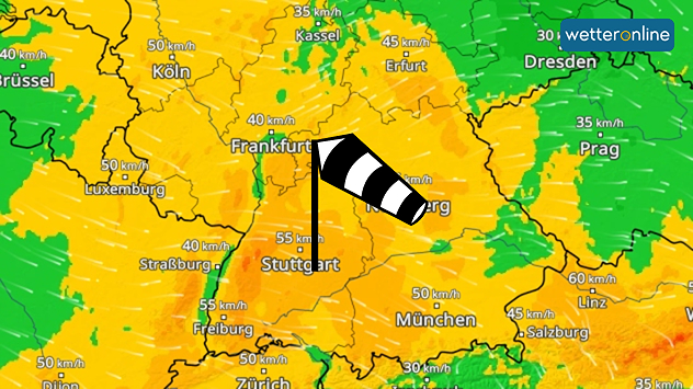 WindRadar zeigt starken Wind in der Südhälfte Deutschlands