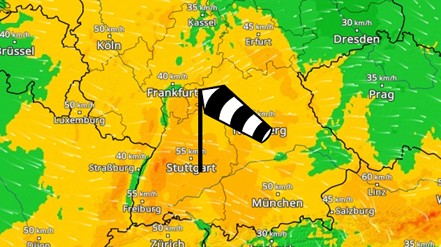 WindRadar zeigt starken Wind in der Südhälfte Deutschlands