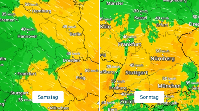 WindRadar für Samstag links und für Sonntag rechts
