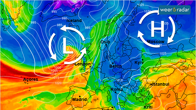 De europese weerkaart voor vrijdag toont een groot hogedrukgebied boven Rusland, dat de greep op ons weer verliest. Vanuit het westen nadert een actief lagedrukgebied met regen en veel wind.