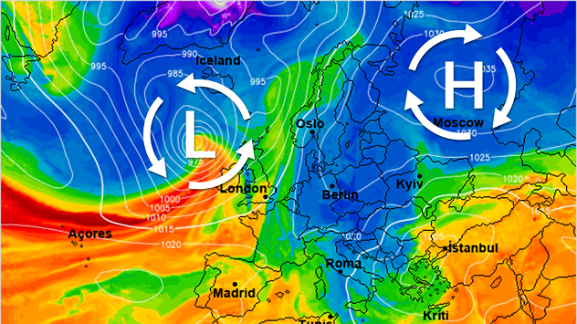De europese weerkaart voor vrijdag toont een groot hogedrukgebied boven Rusland, dat de greep op ons weer verliest. Vanuit het westen nadert een actief lagedrukgebied met regen en veel wind.