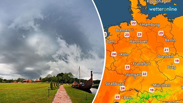 Montage aus Gewitterwolken über einer Landschaft und dem TemperaturRadar für Montag. Zum Sommerbeginn liegen die Höchstwerte meist zwischen 19 und 24 Grad.