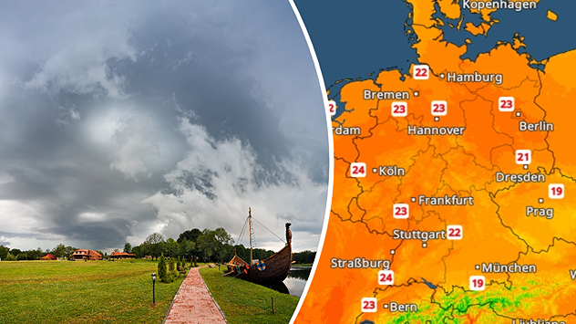 Montage aus Gewitterwolken über einer Landschaft und dem TemperaturRadar für Montag. Zum Sommerbeginn liegen die Höchstwerte meist zwischen 19 und 24 Grad.