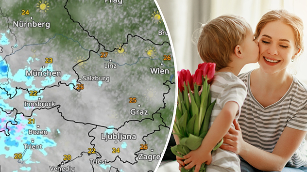 Links das WetterRadar für Österreich, rechts ein Bild von Mutter und Sohn