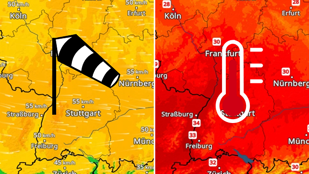 Geteilte Grafik mit WindRadar und TemperaturRadar. Links kräftiger Wind im Südwesten, rechts Temperaturen meist über 30 Grad am Nachmittag.