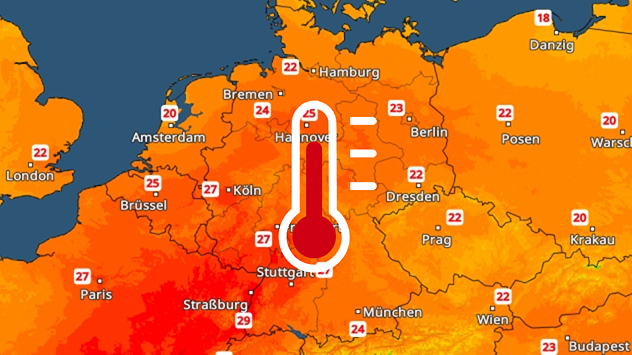 TemperaturRadar mit bis zu 29 Grad im Südwesten Deutschlands, daneben sonnige Landschaft.