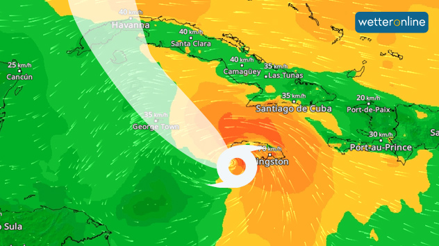 Das WindRadar von Dienstag zeigt den Tropensturm über Jamaika. 