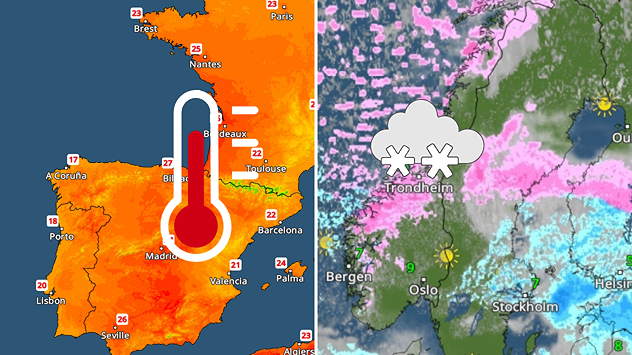 Map of Europe showing a temperature radar in the west and a weather radar in the north. Mild to warm temperatures over the Iberian Peninsula. Snow and cold weather clearly visible in Scandinavia.
