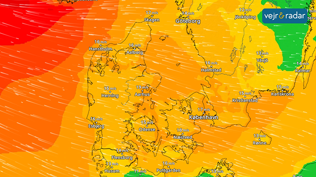 Vindkort over Danmark der viser kraftig vind med middelvind omkring 15–19 m/s i store dele af landet.