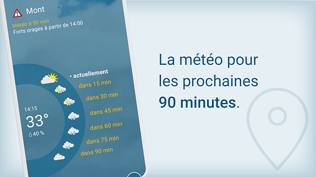 La météo pour les prochaines 90 minutes par étapes de 15 minutes.