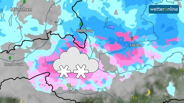 WetterRadar-Prognose mit Schneefall am Alpenhauptkamm, besonders zwischen Tirol und Salzburg, Montagabend.