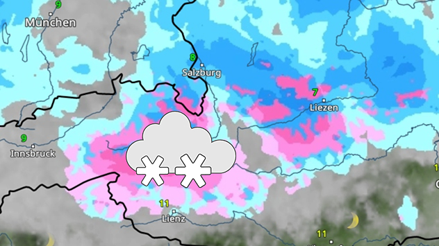 WetterRadar-Prognose mit Schneefall am Alpenhauptkamm, besonders zwischen Tirol und Salzburg, Montagabend.