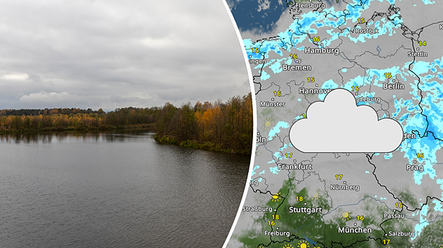 Links: Trüber Herbsttag an einem ruhigen See mit bewölktem Himmel und herbstlich gefärbten Bäumen. Rechts: WetterRadar-Karte mit dichter Bewölkung und vielen Regenschauern über der Mitte und dem Norden Deutschlands, symbolisiert durch eine große graue Wolke.