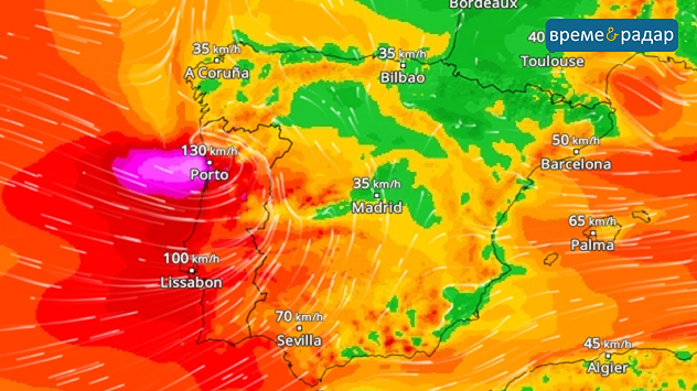 Карта на времето с цветно маркирани скорости на вятъра над Португалия и Испания. Ураганни пориви над Атлантическия океан и на западния бряг на Португалия.