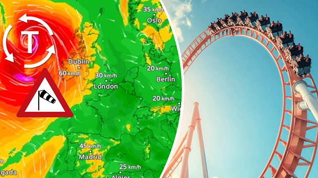 Wetterkarte Europas mit Orkantief und Windwarnungssymbol. Daneben eine Achterbahn als Metapher für starke Temperaturschwankungen. Darstellung eines schnellen Wechsels von warm zu kalt.