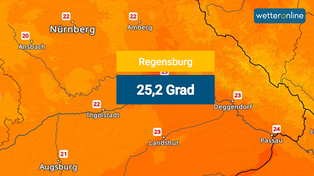 TemperaturRadar für Bayern. Die Temperatur in Regensburg von 25,2 Grad ist besonders hervorgehoben.