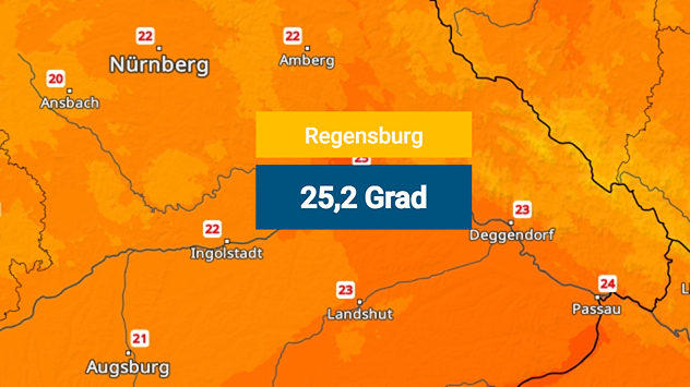 TemperaturRadar für Bayern. Die Temperatur in Regensburg von 25,2 Grad ist besonders hervorgehoben.