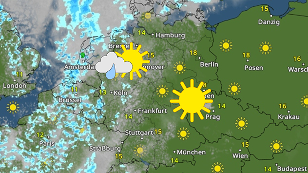 Wetterkarte von Mitteleuropa mit Sonne im Osten und Regen im Westen. Temperaturen bis 18 Grad in Berlin.