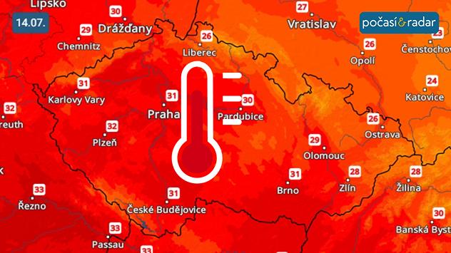 Předpověď maximálních denních teplot v Česku na úterý 14. 7.: Teploty budou v nejbližších dnech zvolna stoupat. Od pondělí se budeme častěji setkávat s odpoledními teplotami přes 30 °C, mírně chladněji však nadále zůstane na severovýchodě našeho území.