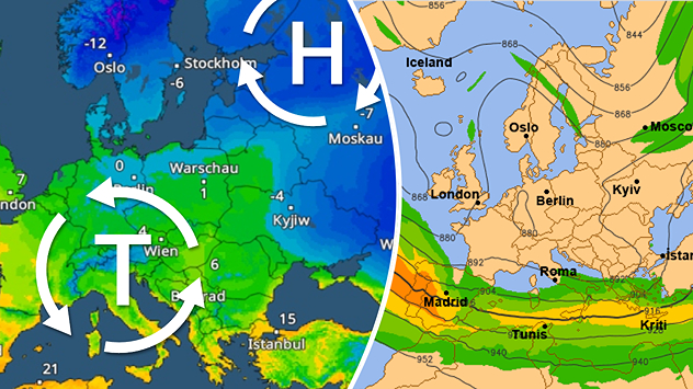 Die Wetterkarte zeigt links die Temperaturen über Europa, eingezeichnet ist ein Hoch- und ein Tiefdruckgebiet. Rechts ist eine Wetterkarte mit dem Jetstream zu sehen.