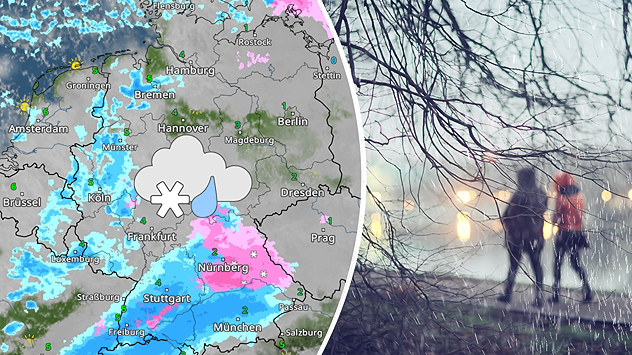 WetterRadar-Karte mit Regen- und Schneefeldern über Deutschland, daneben zwei Personen mit Regenschirm, die bei nassem Wetter entlang eines Flussufers spazieren.