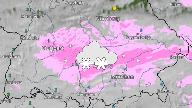 Wetterkarte mit Schneeregen- und Schneeflächen über Süddeutschland. Niederschlagszone erstreckt sich von West nach Ost.