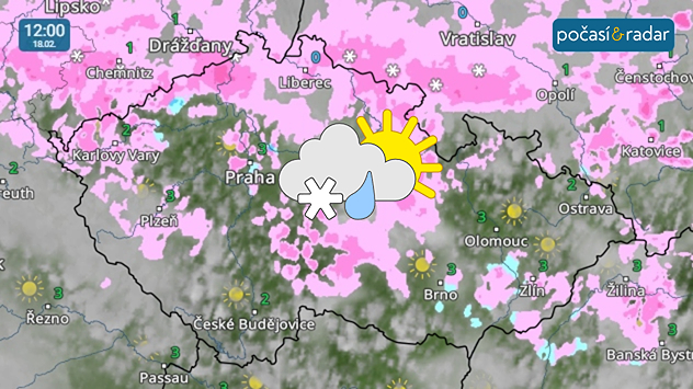 Meteoradar, screenshot, 18. 2. 12:00: V nejbližších dnech bude v Česku panovat počasí s převážně velkou oblačností, přeháňkami a denními teplotami většinou slabě nad nulou.