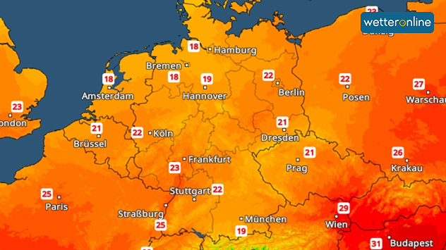 Das TemperaturRadar zeigt für Sonntag Höchstwerte zwischen 18 und 25 Grad.