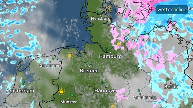 Wetterkarte Norddeutschland mit Schnee im Nordosten und Sonne im Westen.