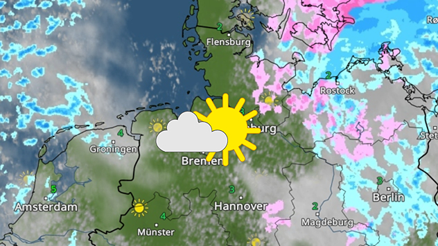 Wetterkarte Norddeutschland mit Schnee im Nordosten und Sonne im Westen.