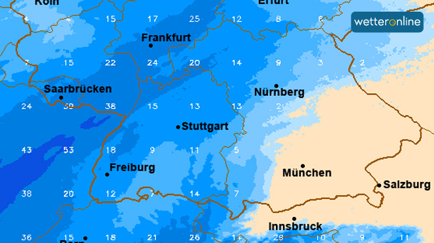 Die Karte zeigt die Regensumme in Litern pro Quadratmeter bis Dienstagnachmittag. 